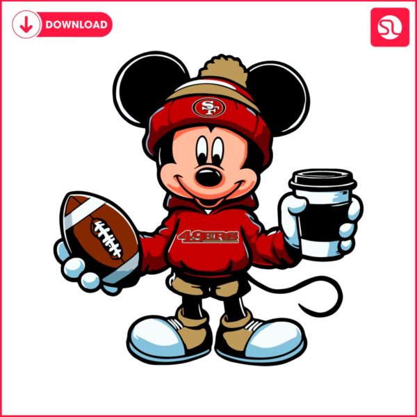 A cartoon of Mickey Mouse holding a football and a coffee, showcasing the San Francisco 49ers SVG logo.