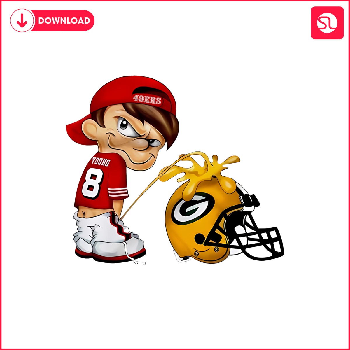 A cartoon character next to a San Francisco 49ers Peeing On Green Bay Packers PNG football helmet.