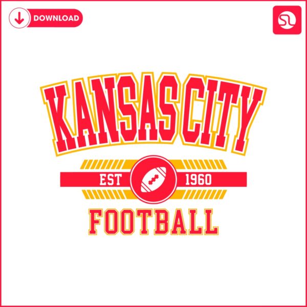 A red and yellow text on a white background featuring the Kansas City Football Svg Cricut Digital Download.